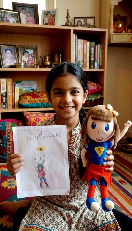kids drawing to plush toy